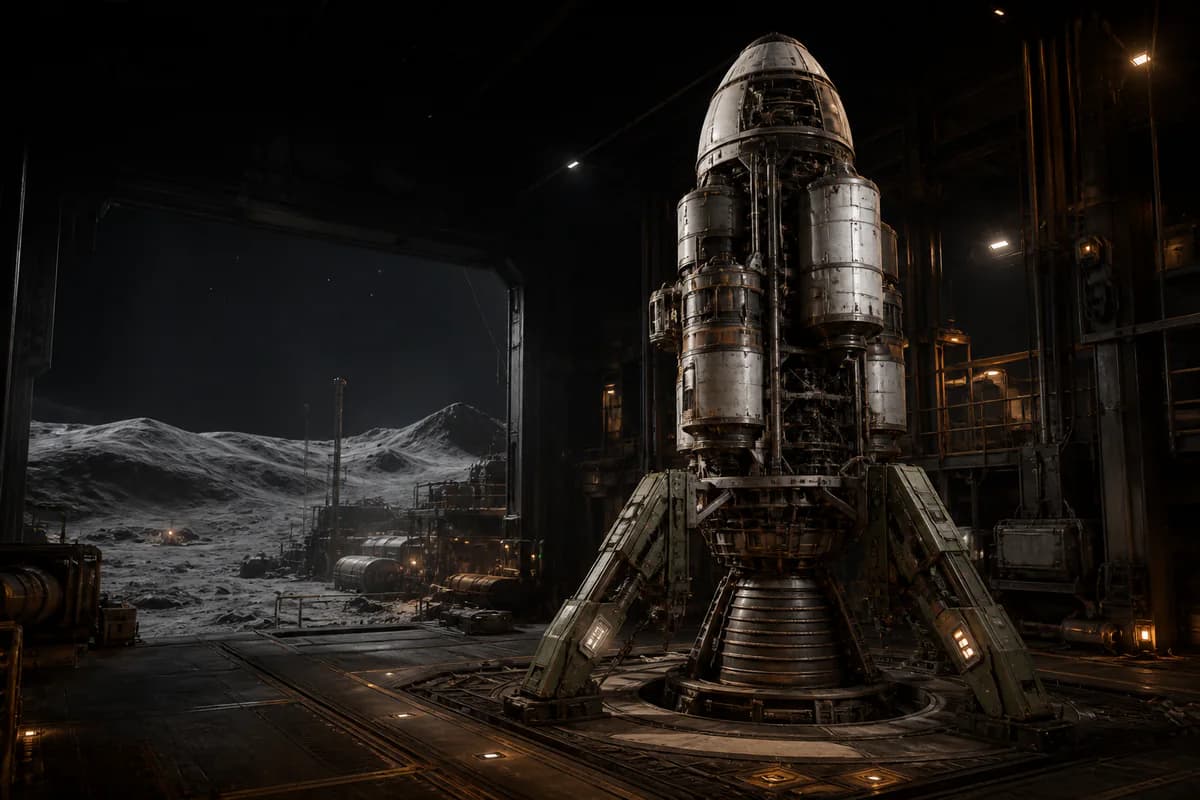 A modular starter ship lifting above a lunar construction pad