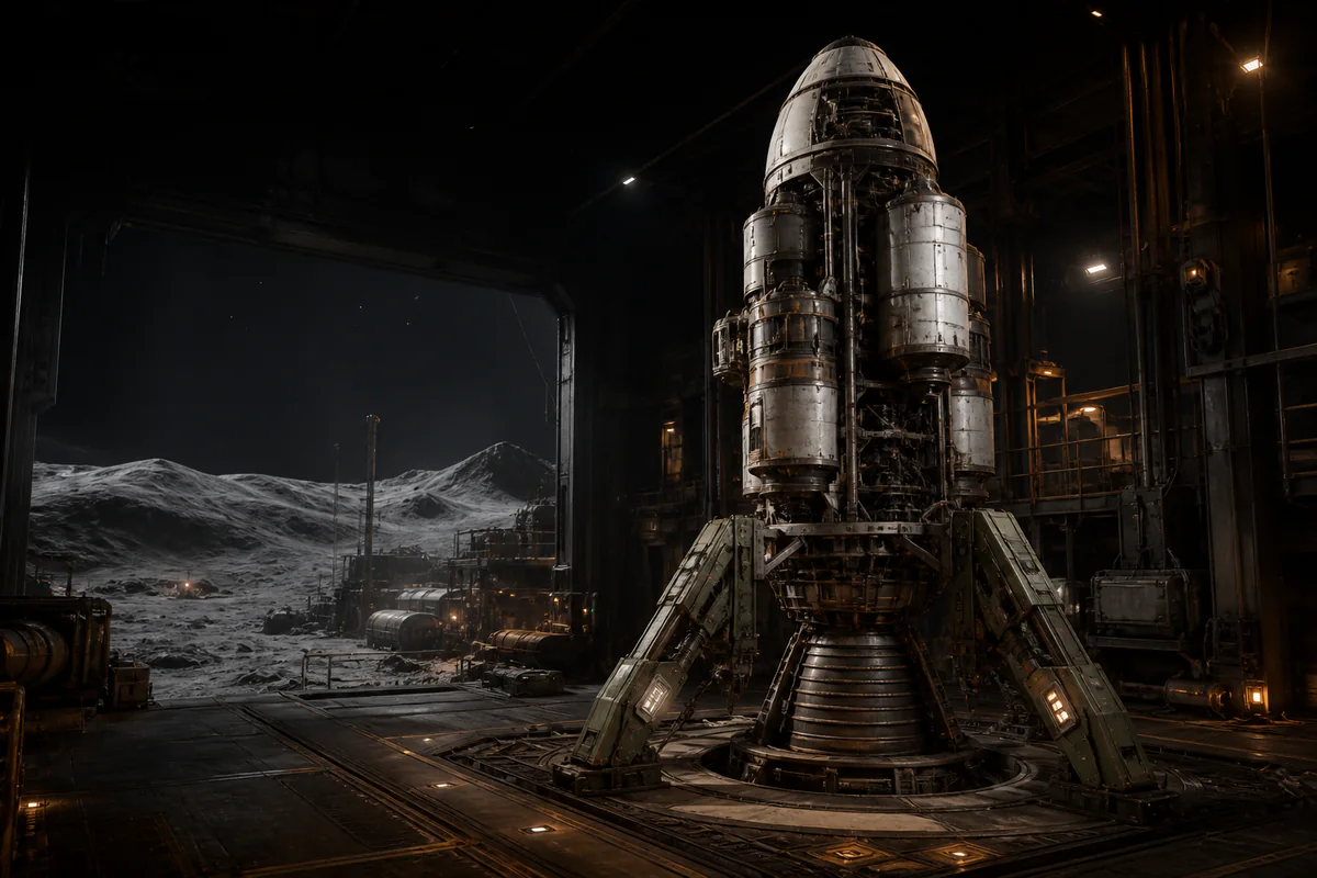 A modular starter ship lifting above a lunar construction pad